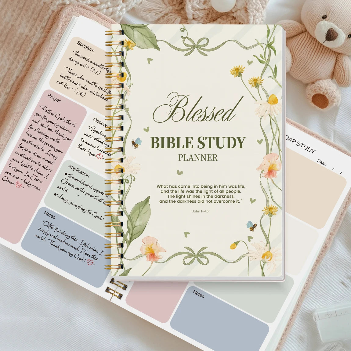 A5 Blessed Bible Study Planner, SOAP Method Christian Journal, Spiral Bound Scripture Prayer Notebook