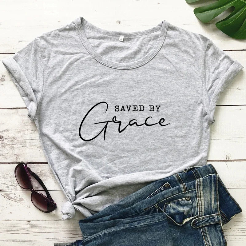 Saved By Grace T-shirt Women Religious Christian Bible Top Tee Shirt Casual Jesus Religion Faith Tshirt Camiseta