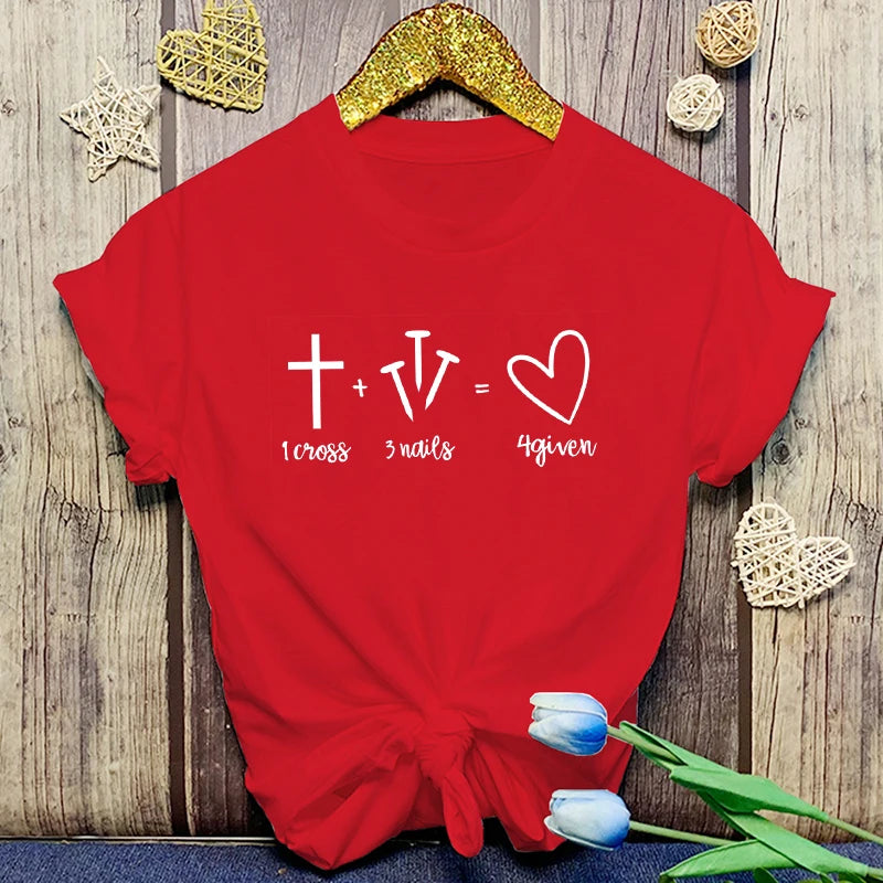 Fashion Christianity Jesus 1 Cross 3 Nails 4 Given Print T-Shirt Girl T Shirt Soft Print Top Unisex Tee Clothing Casual O-Neck