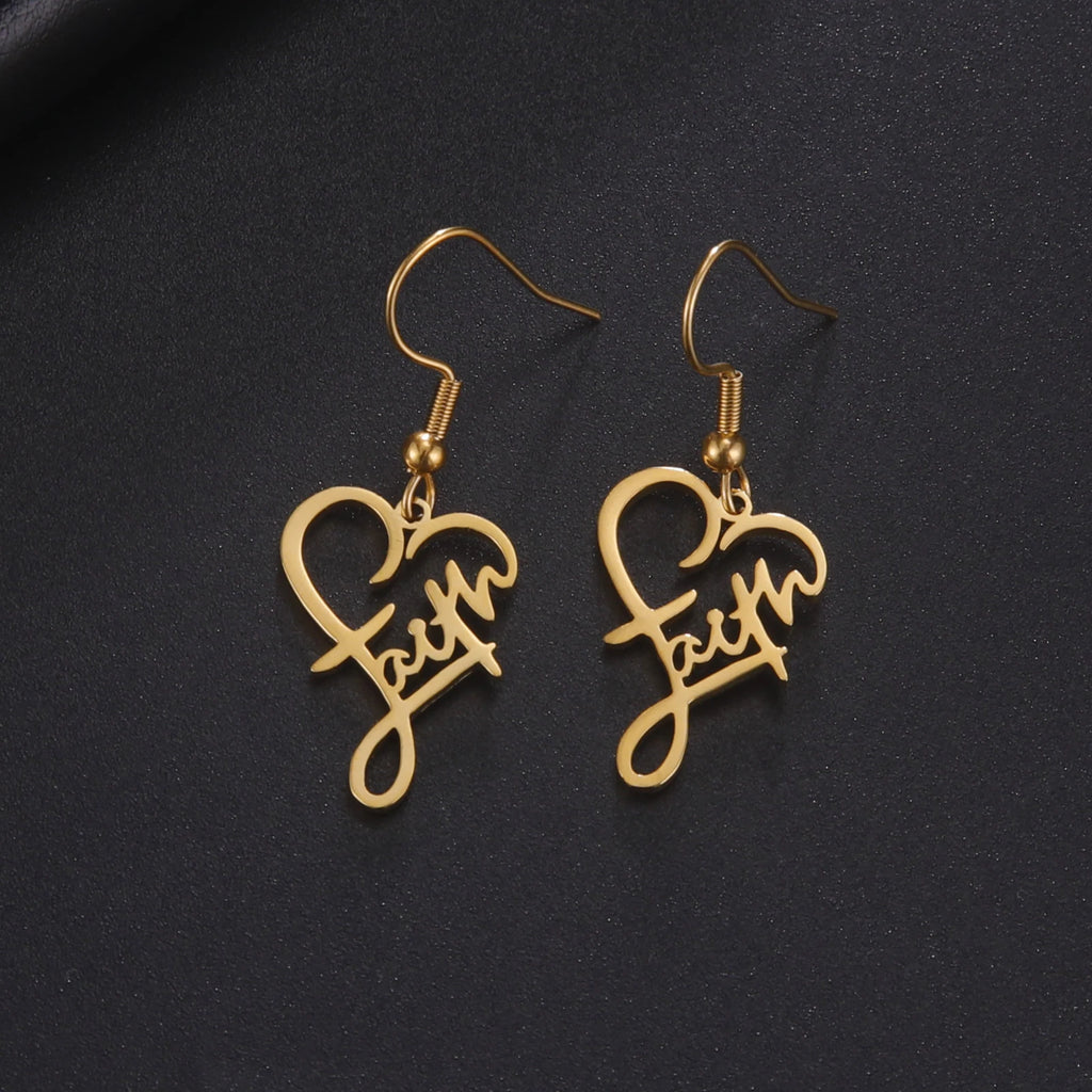 Faith Heart Earrings Stainless Steel Jesus Love Family Dangle Earring Christian Inspirational Jewelry Birthday Gift