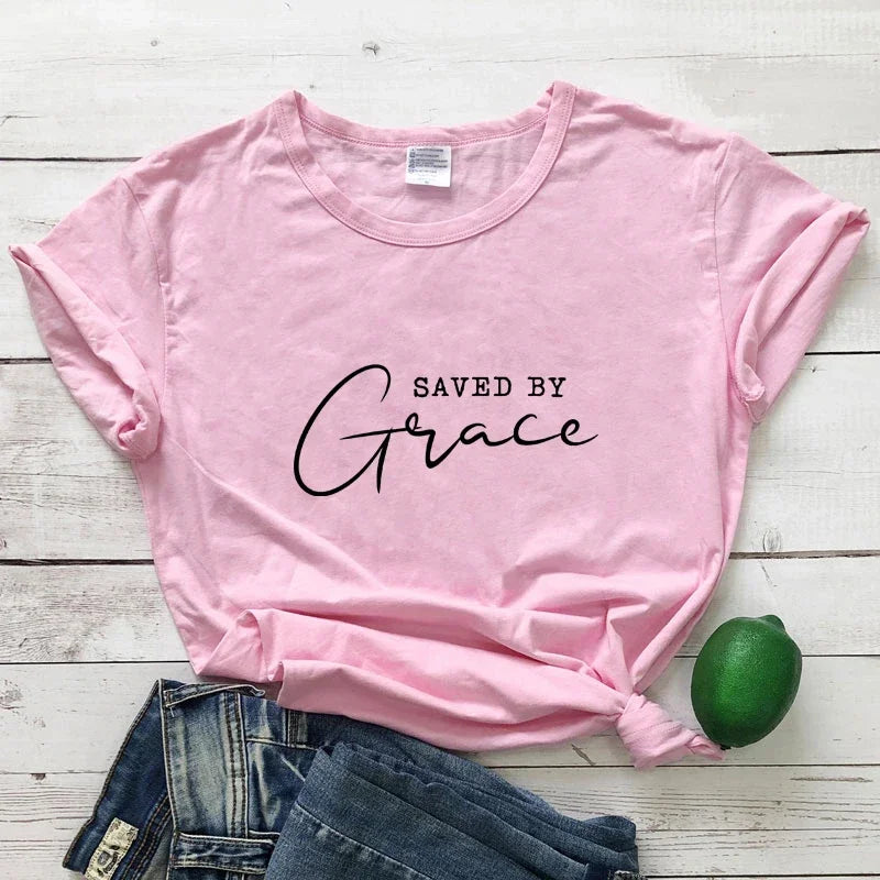 Saved By Grace T-shirt Women Religious Christian Bible Top Tee Shirt Casual Jesus Religion Faith Tshirt Camiseta