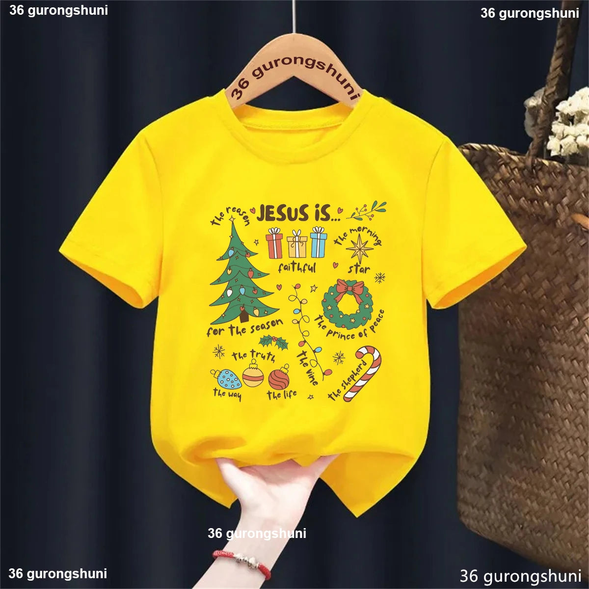 Jesus Is The Reason For The Season Pattern Print T-Shirt Boys/Girls, Retro Nativity Shirt, Christian Kid Holiday Christmas Tees