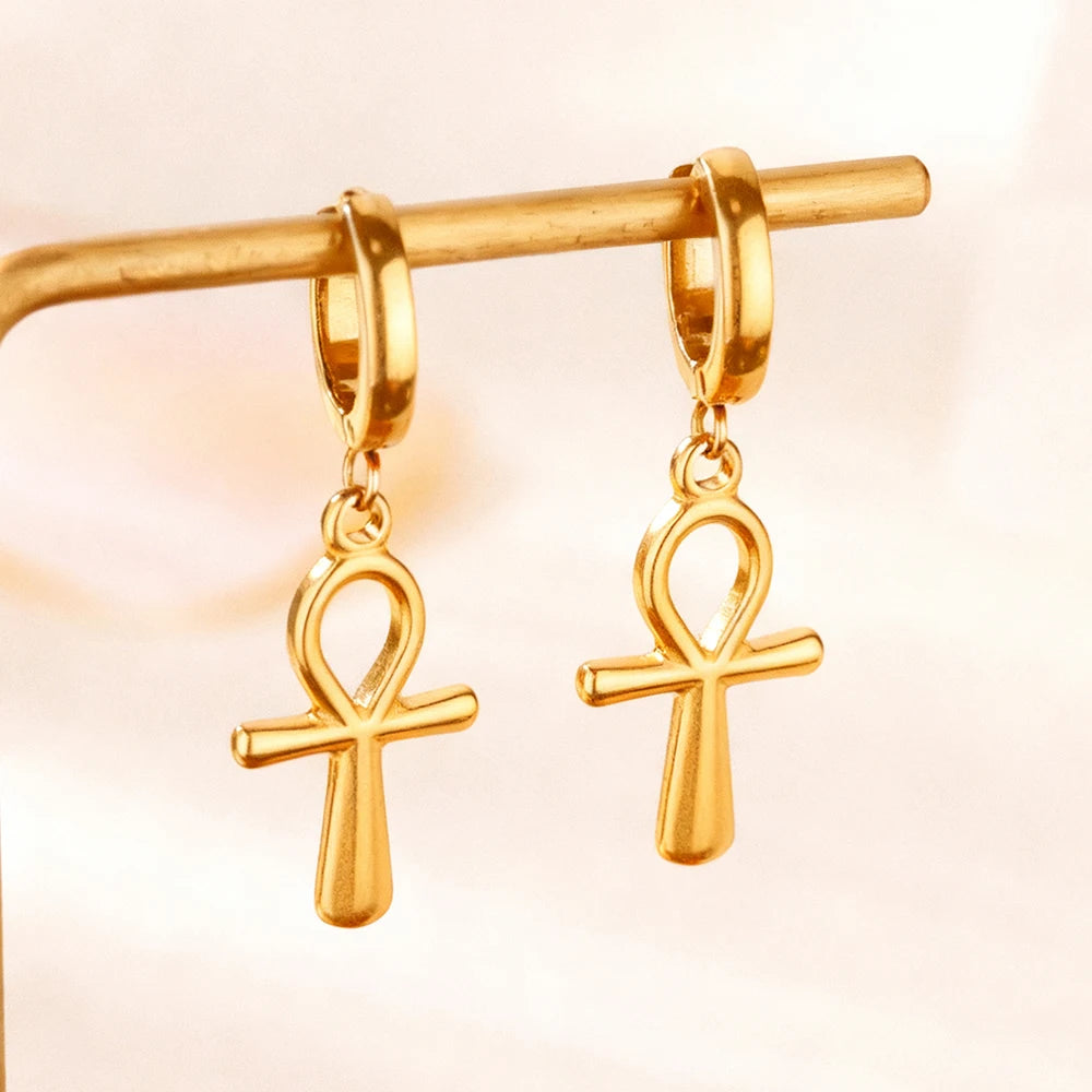 18K Gold Plated Portrait Coin Earrings for Women Men Stainless Steel Jesus Cross Dangle Huggie Earrings Waterproof Jewelry