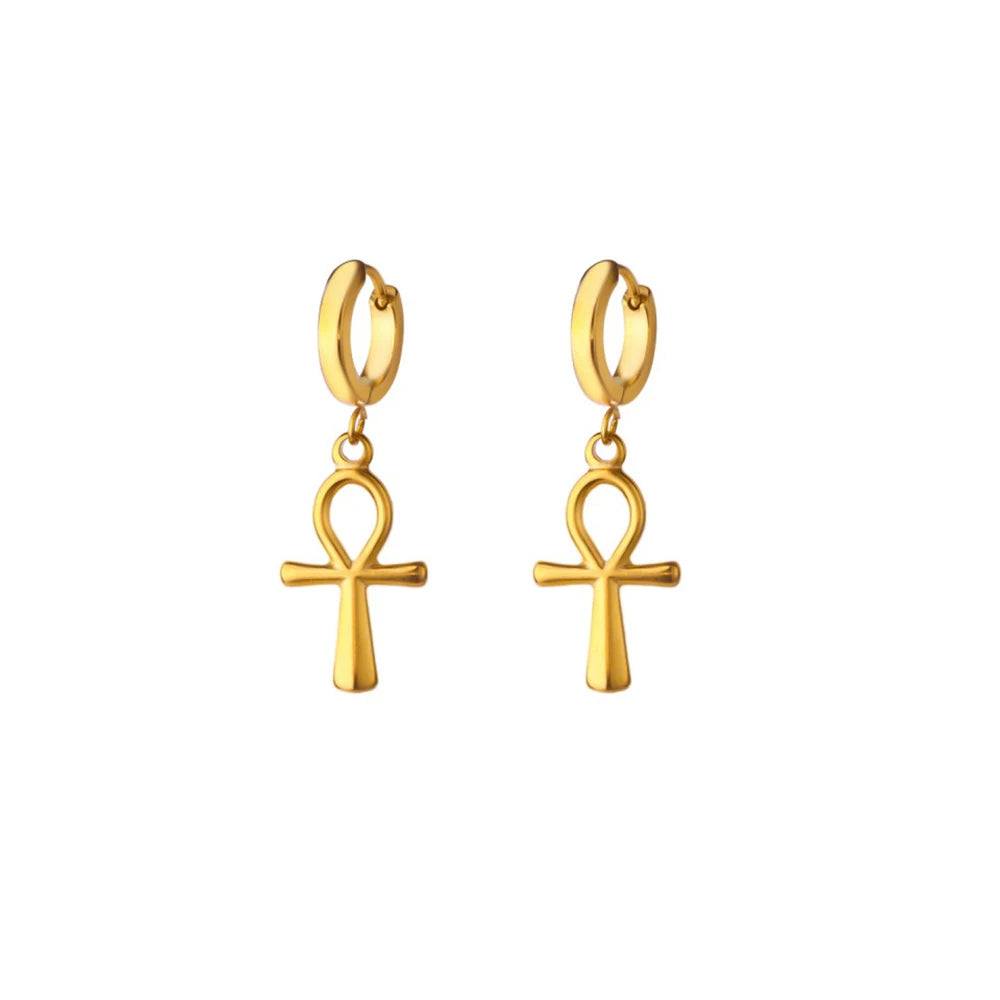 18K Gold Plated Portrait Coin Earrings for Women Men Stainless Steel Jesus Cross Dangle Huggie Earrings Waterproof Jewelry