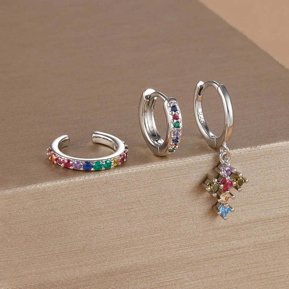 3PCS Zircon Cross Hoop Earrings Set For Women Girls 2025 Trendy Stainless Steel Cross Earring Wedding Aesthetic Jewelry aretes