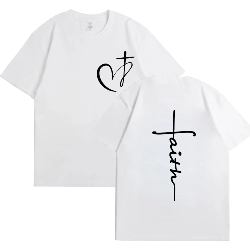 New Women's Heart Cross T-shirt Fashion Faith Jesus Print Female Short Sleeve Shirts Summer Harajuku Short Sleeve Casual