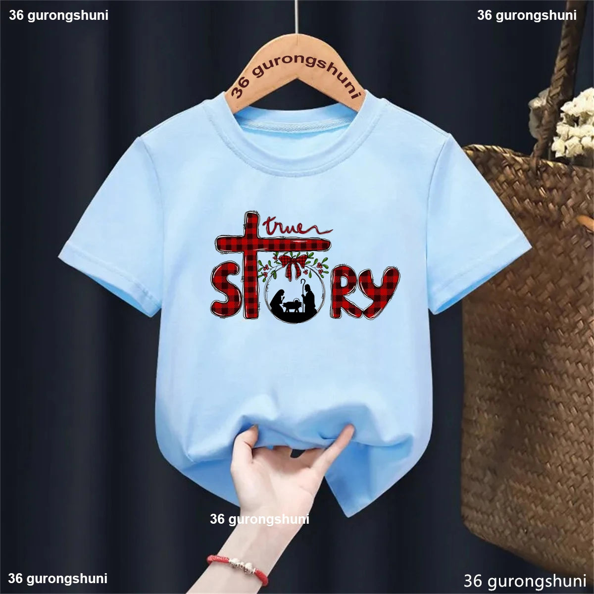 Jesus Is The Reason For The Season Pattern Print T-Shirt Boys/Girls, Retro Nativity Shirt, Christian Kid Holiday Christmas Tees