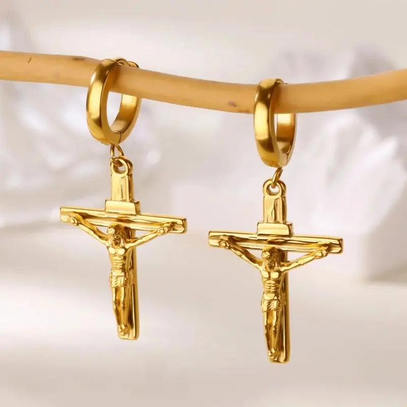 18K Gold Plated Portrait Coin Earrings for Women Men Stainless Steel Jesus Cross Dangle Huggie Earrings Waterproof Jewelry