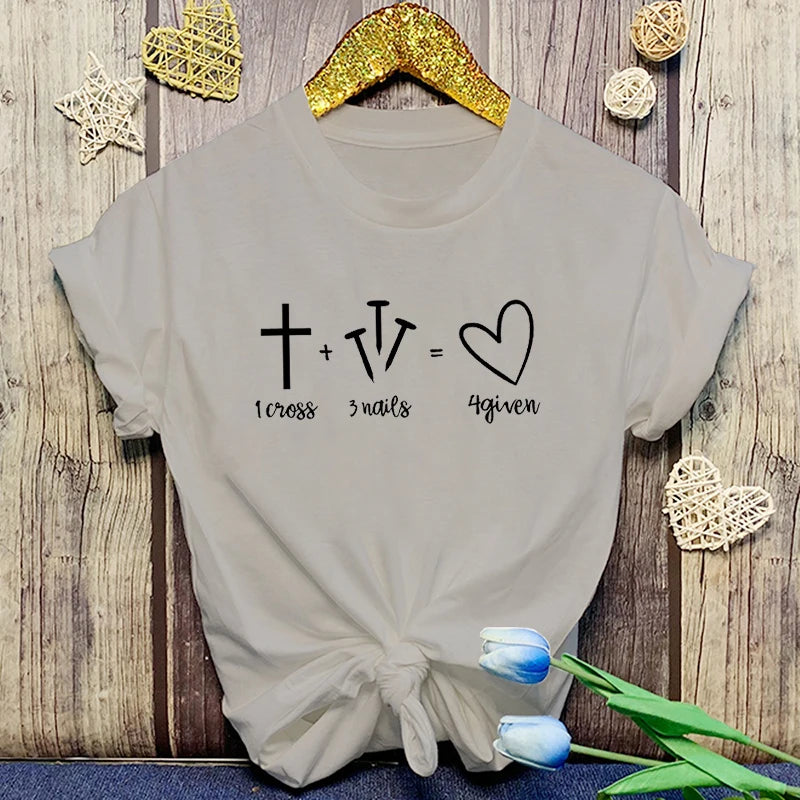 Fashion Christianity Jesus 1 Cross 3 Nails 4 Given Print T-Shirt Girl T Shirt Soft Print Top Unisex Tee Clothing Casual O-Neck