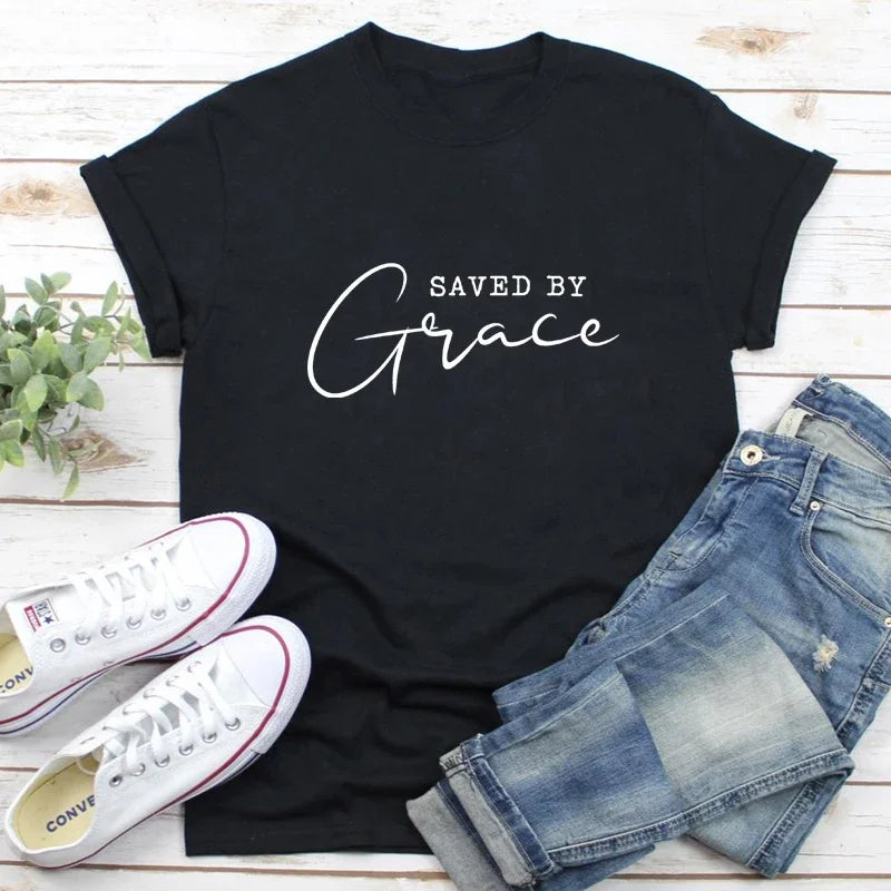Saved By Grace T-shirt Women Religious Christian Bible Top Tee Shirt Casual Jesus Religion Faith Tshirt Camiseta