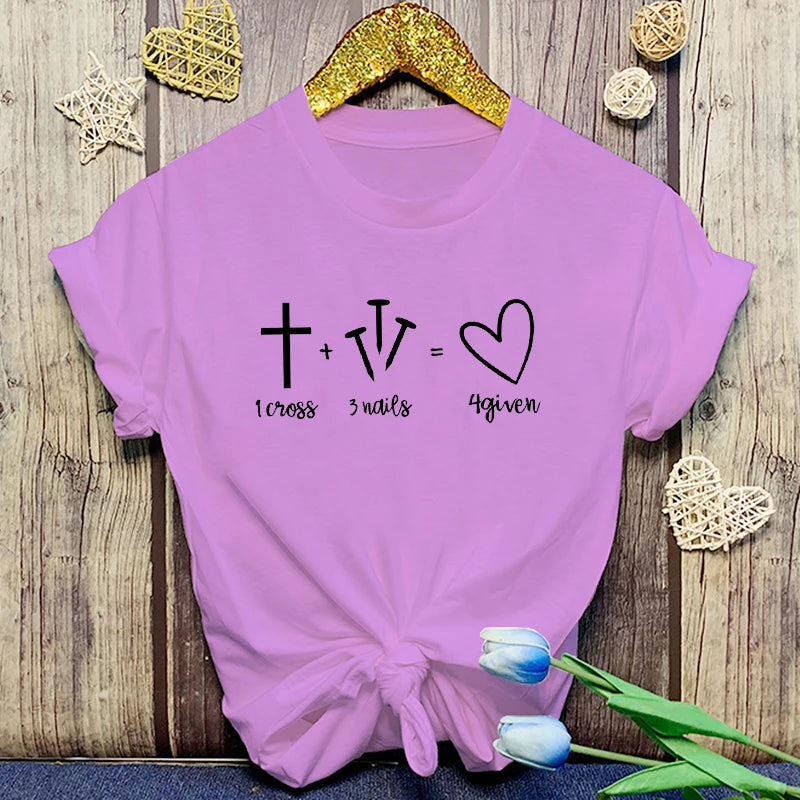 Fashion Christianity Jesus 1 Cross 3 Nails 4 Given Print T-Shirt Girl T Shirt Soft Print Top Unisex Tee Clothing Casual O-Neck