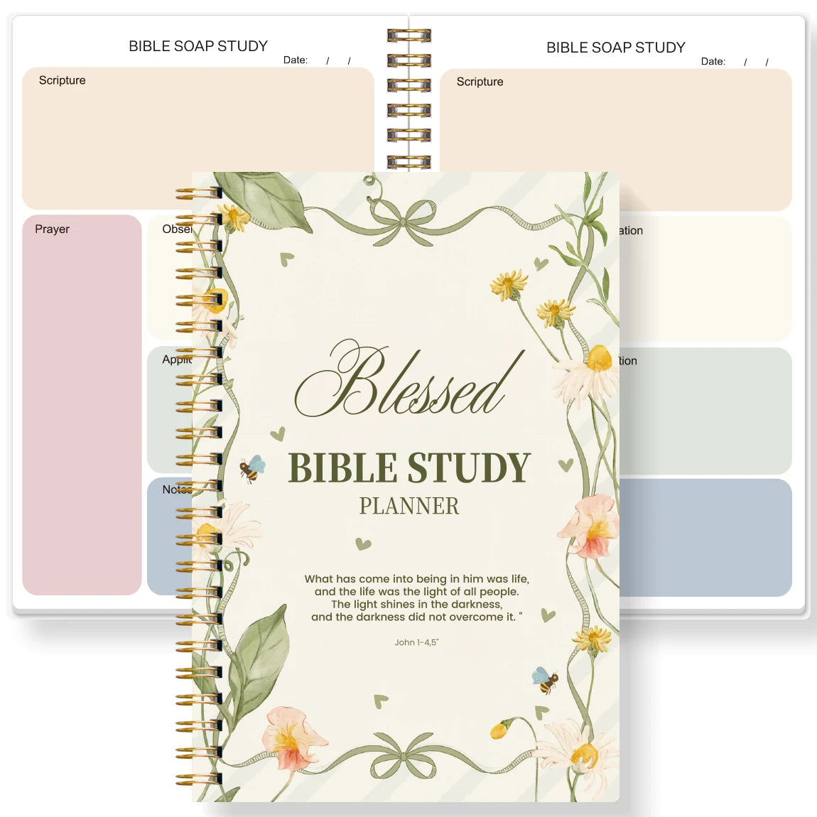 A5 Blessed Bible Study Planner, SOAP Method Christian Journal, Spiral Bound Scripture Prayer Notebook