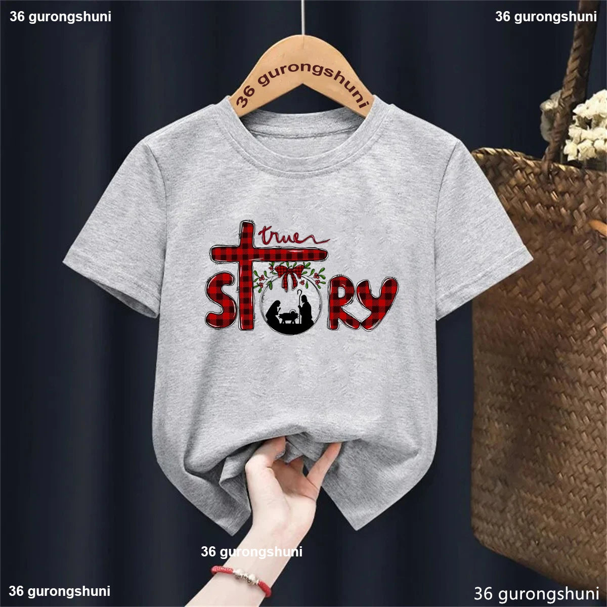 Jesus Is The Reason For The Season Pattern Print T-Shirt Boys/Girls, Retro Nativity Shirt, Christian Kid Holiday Christmas Tees