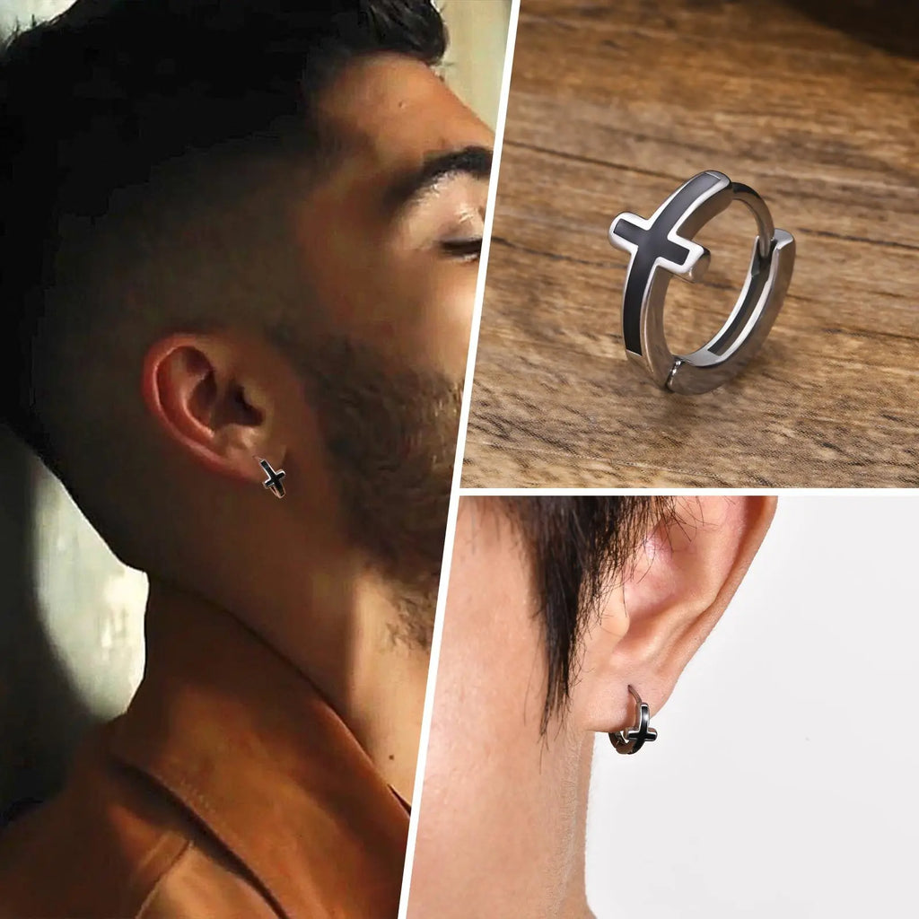 Men Cross Hoop ,  Waterproof ,  Earring Christian Faith Religious