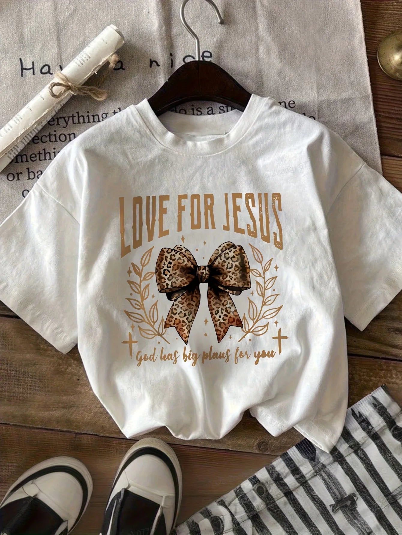 Christian "Love for Jesus" Leopard Bow T-Shirt for Girls 100% Cotton Faith Graphic Kids Casual Short Sleeve Tops