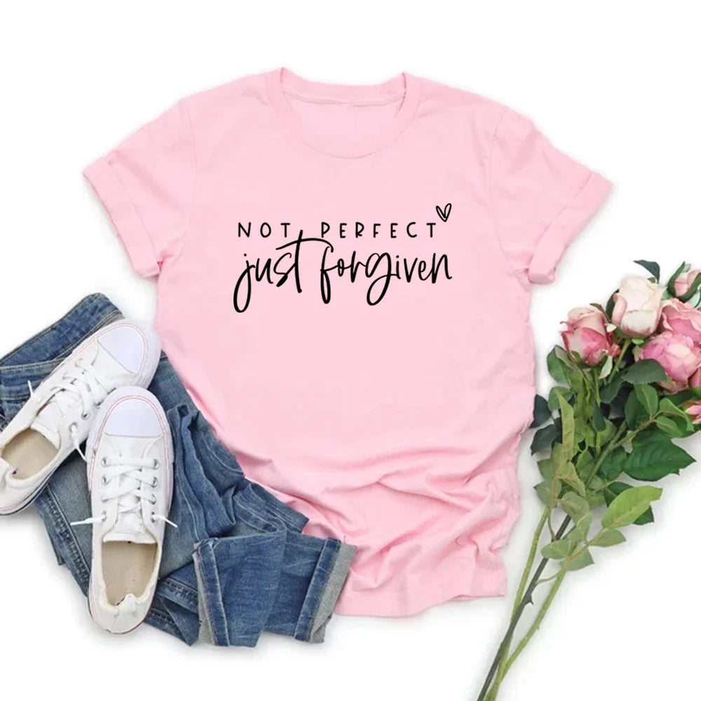 Not Perfect Just Forgiven T-Shirts Christian Shirt Religious Gifts Women's Graphic Tees Jesus Faith T-shirt Bible Verse Tops