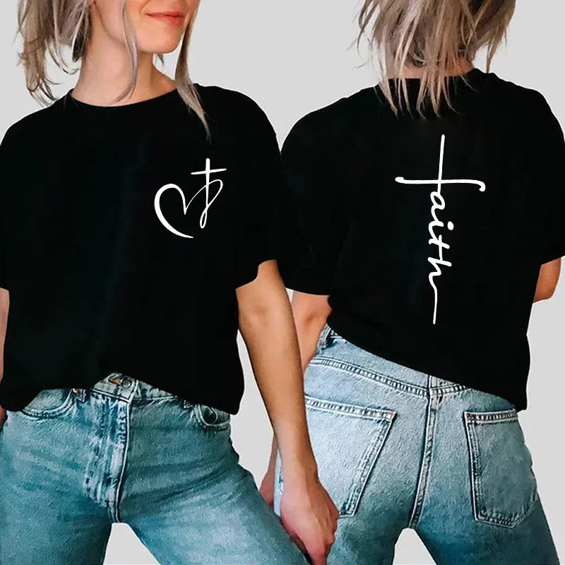 New Women's Heart Cross T-shirt Fashion Faith Jesus Print Female Short Sleeve Shirts Summer Harajuku Short Sleeve Casual