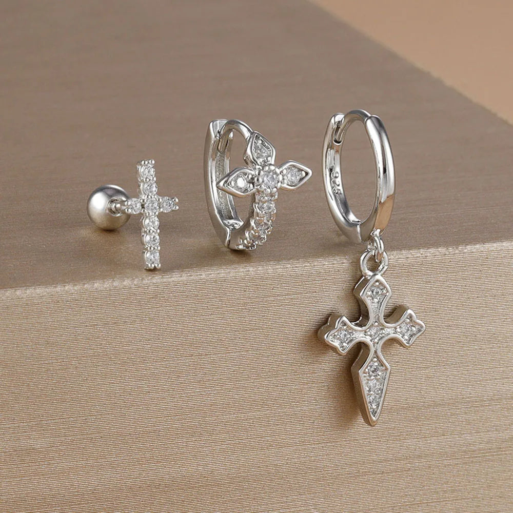 3PCS Zircon Cross Hoop Earrings Set For Women Girls 2025 Trendy Stainless Steel Cross Earring Wedding Aesthetic Jewelry aretes