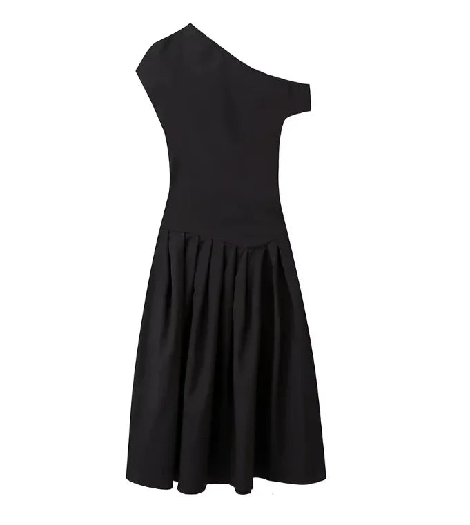 Robe Élégante  à Col Asymétrique – Taille Haute & Ourlet Plissé Chic pour Femme Chrétienne 2026