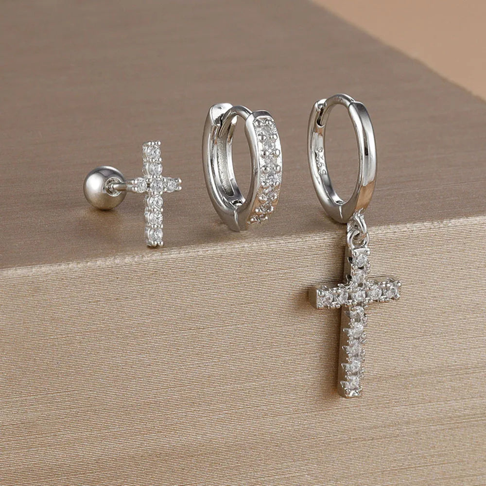 3PCS Zircon Cross Hoop Earrings Set For Women Girls 2025 Trendy Stainless Steel Cross Earring Wedding Aesthetic Jewelry aretes
