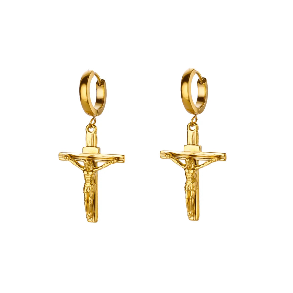 18K Gold Plated Portrait Coin Earrings for Women Men Stainless Steel Jesus Cross Dangle Huggie Earrings Waterproof Jewelry
