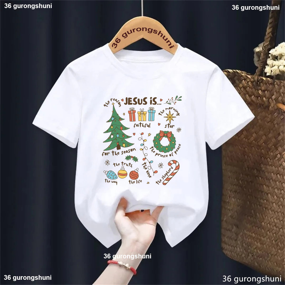 Jesus Is The Reason For The Season Pattern Print T-Shirt Boys/Girls, Retro Nativity Shirt, Christian Kid Holiday Christmas Tees