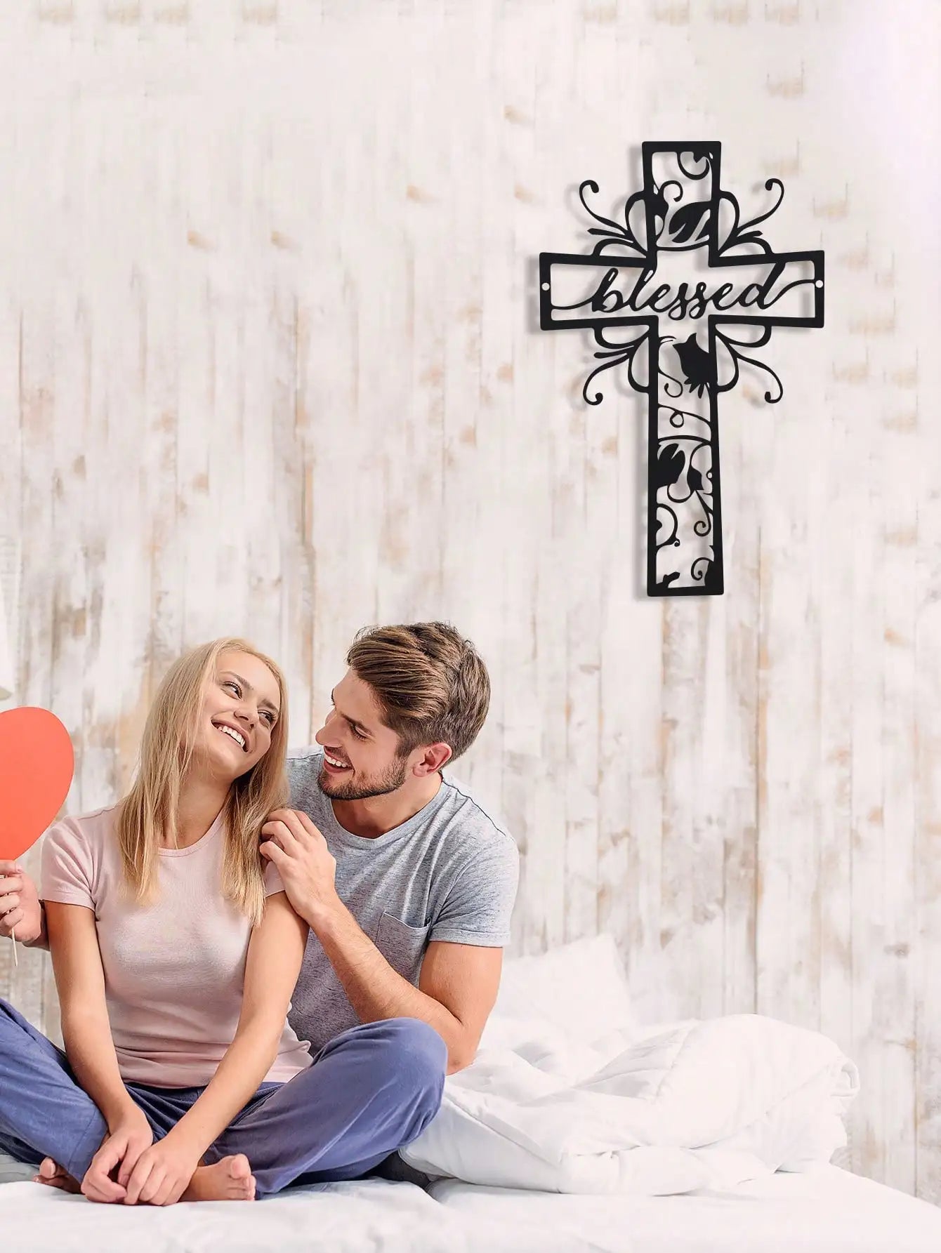 Blessed Metal Cross Wall Art - Home Decor, Love Theme, Ideal for Home, Office, Kitchen - Outdoor Wall Decor for Valentine'S Day