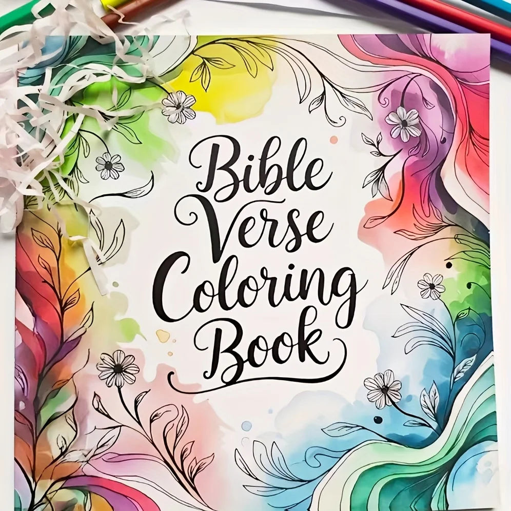 24 page deluxe adult color book - Bible scripture theme, vivid watercolor design, with a "Bible Scripture Color Book" cover