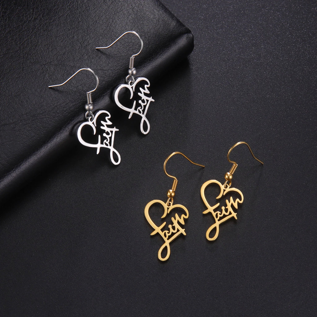 Faith Heart Earrings Stainless Steel Jesus Love Family Dangle Earring Christian Inspirational Jewelry Birthday Gift