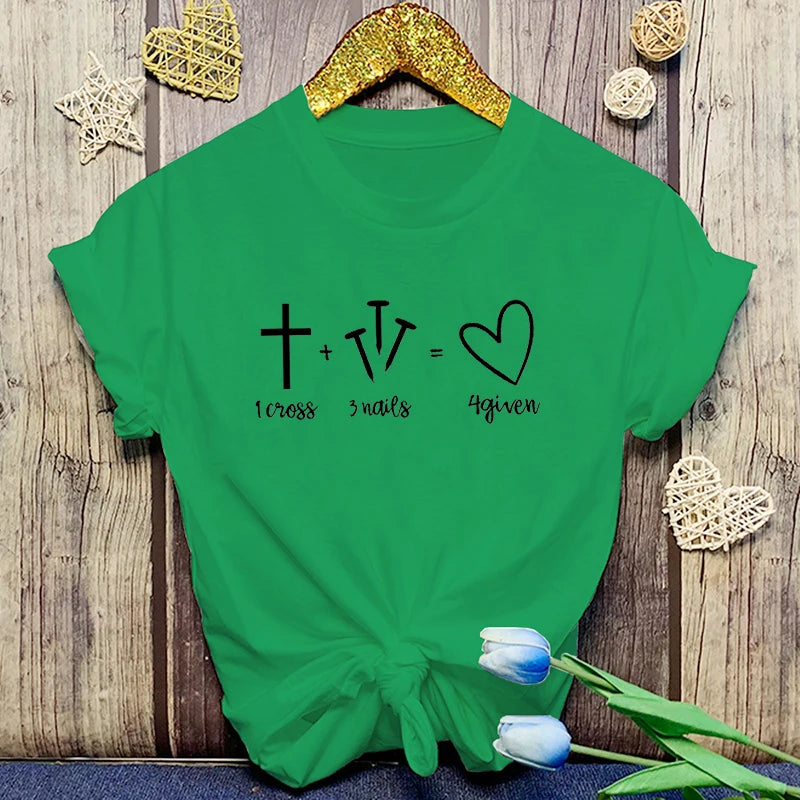 Fashion Christianity Jesus 1 Cross 3 Nails 4 Given Print T-Shirt Girl T Shirt Soft Print Top Unisex Tee Clothing Casual O-Neck