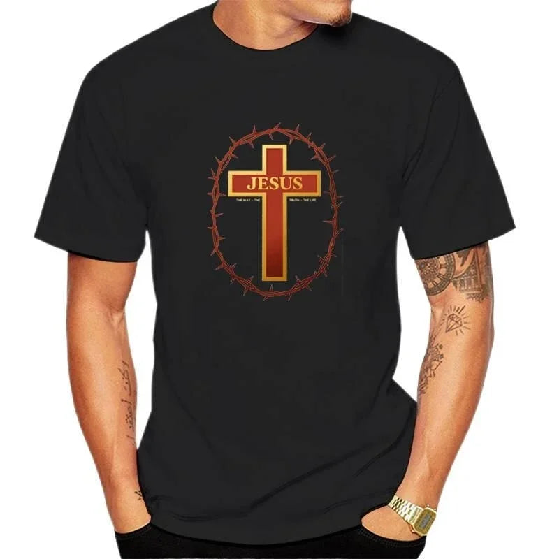 Funny Jesus Cross Print Men's Athletic Fit Short Sleeve T-Shirt, Cotton Crew Neck Top for Active Lifestyles, Gym to Casual Wear