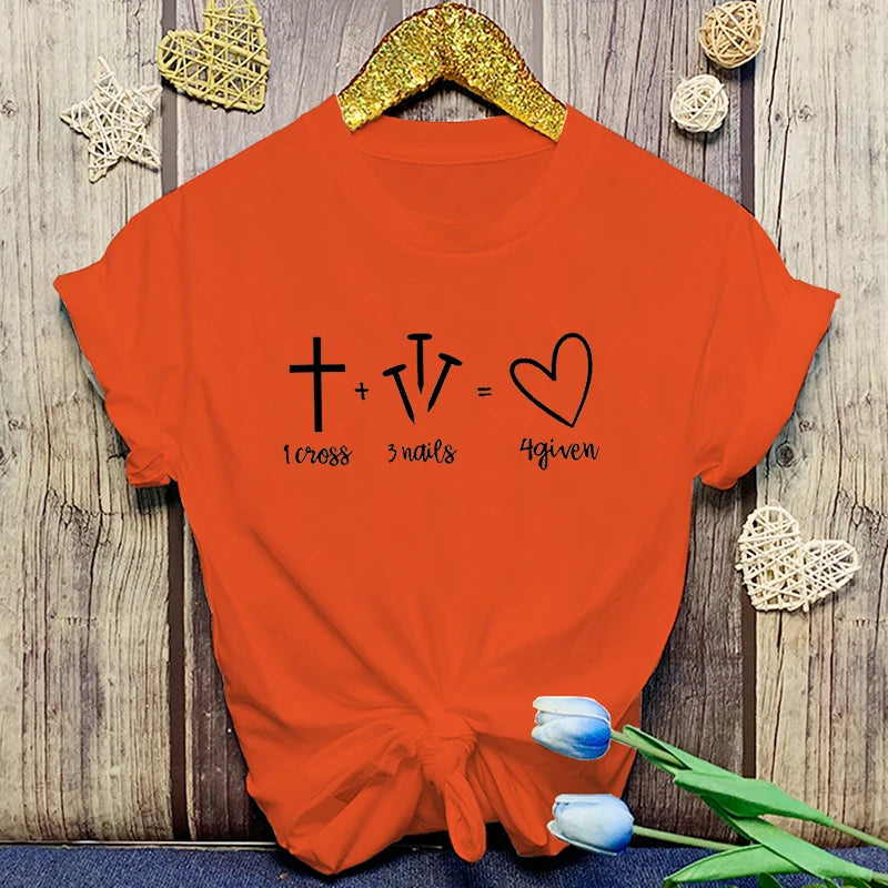 Fashion Christianity Jesus 1 Cross 3 Nails 4 Given Print T-Shirt Girl T Shirt Soft Print Top Unisex Tee Clothing Casual O-Neck
