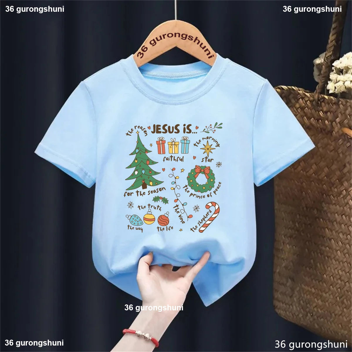 Jesus Is The Reason For The Season Pattern Print T-Shirt Boys/Girls, Retro Nativity Shirt, Christian Kid Holiday Christmas Tees