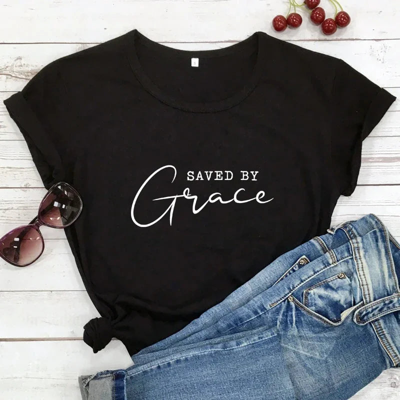 Saved By Grace T-shirt Women Religious Christian Bible Top Tee Shirt Casual Jesus Religion Faith Tshirt Camiseta