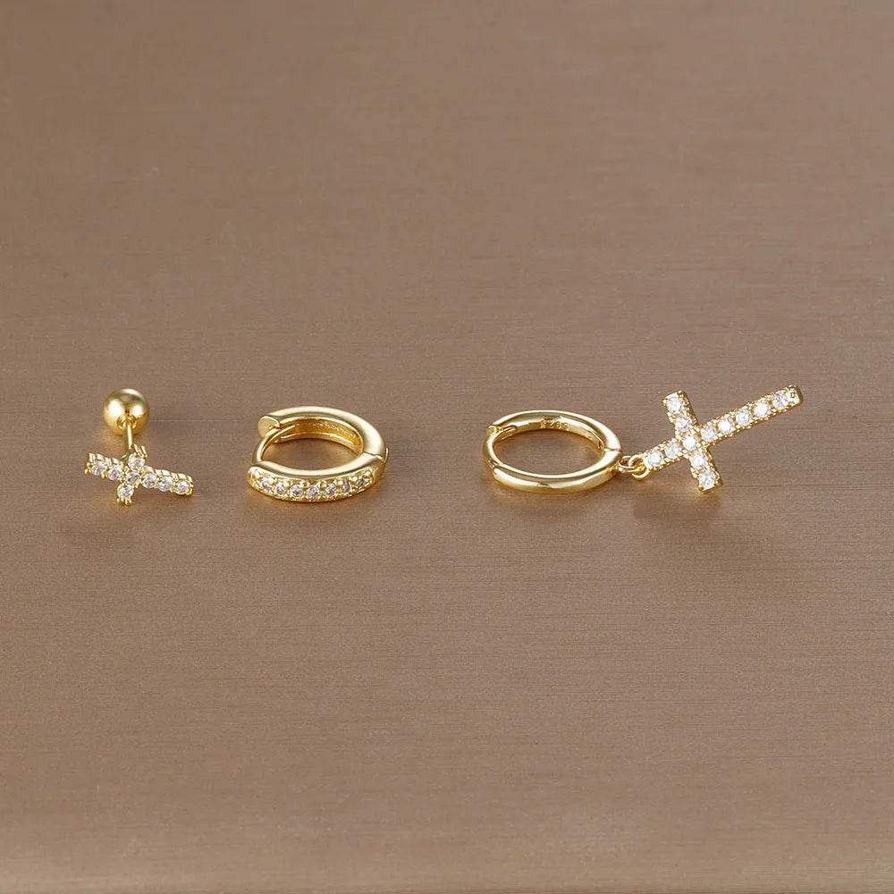 3PCS Zircon Cross Hoop Earrings Set For Women Girls 2025 Trendy Stainless Steel Cross Earring Wedding Aesthetic Jewelry aretes