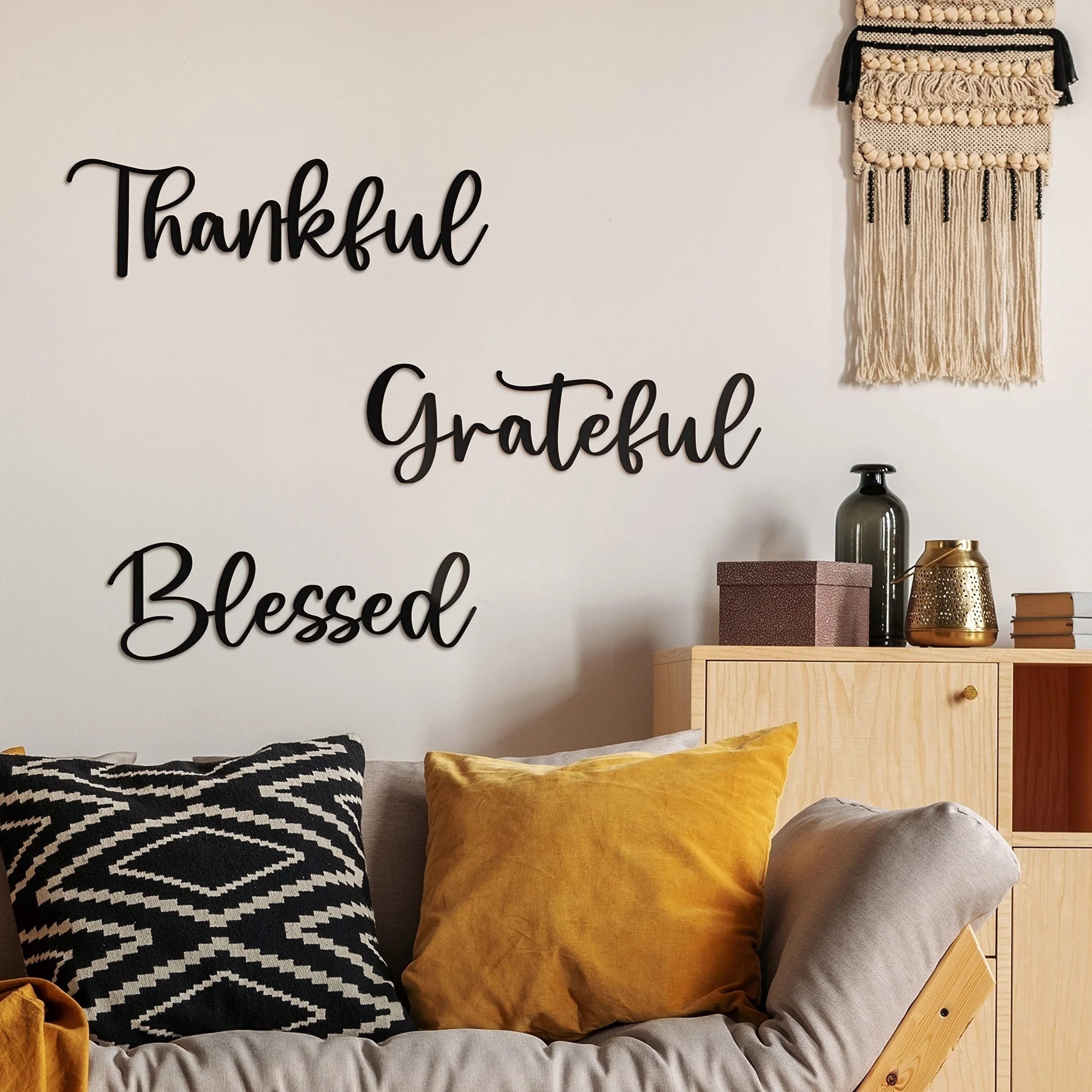 3pcs/set Grateful Blessed Metal Wall Art Decor, Black Thankful Grateful Blessed Sign, For Home Decor Be Grateful Wall Art