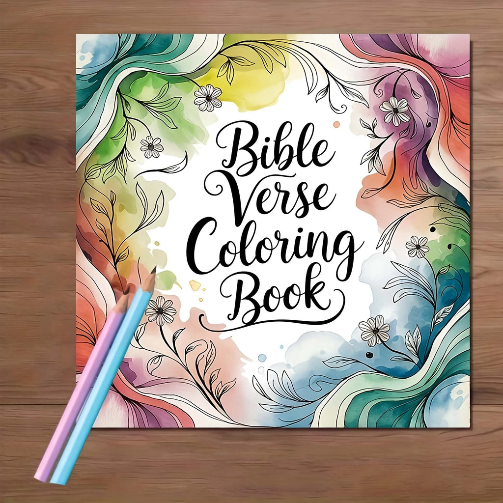24 page deluxe adult color book - Bible scripture theme, vivid watercolor design, with a "Bible Scripture Color Book" cover