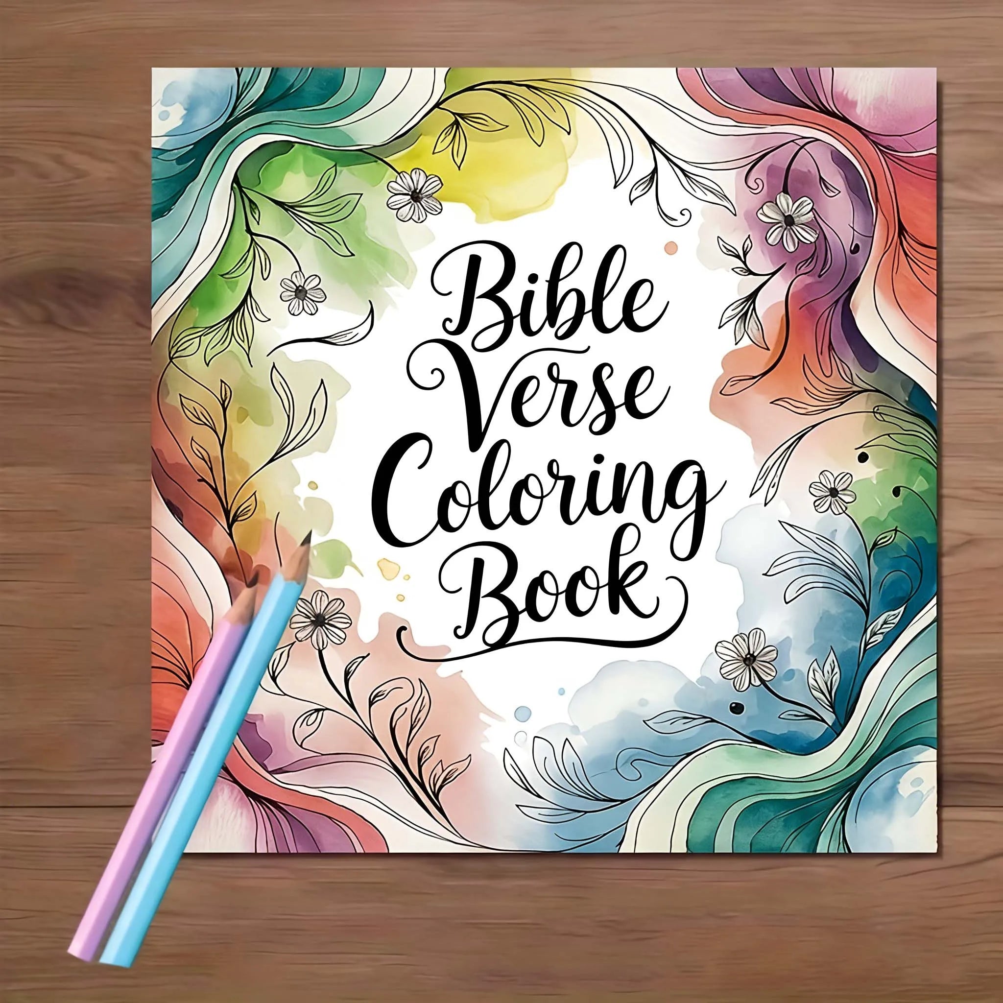 24 page deluxe adult color book - Bible scripture theme, vivid watercolor design, with a "Bible Scripture Color Book" cover