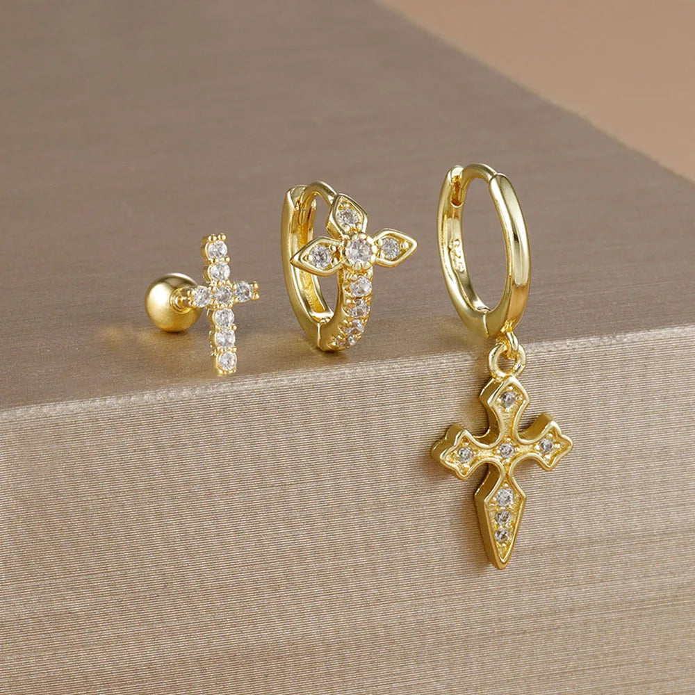 3PCS Zircon Cross Hoop Earrings Set For Women Girls 2025 Trendy Stainless Steel Cross Earring Wedding Aesthetic Jewelry aretes