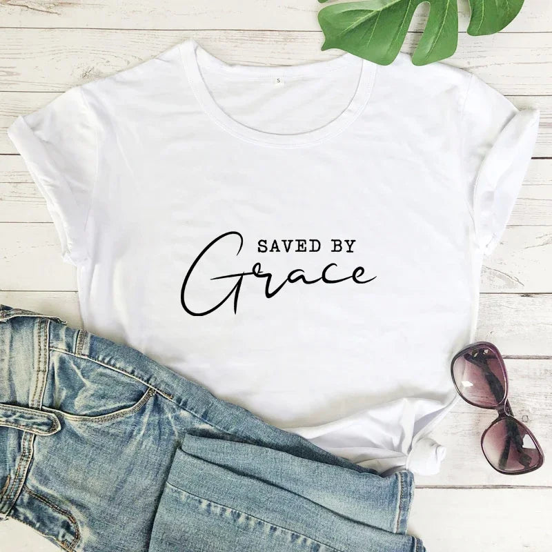 Saved By Grace T-shirt Women Religious Christian Bible Top Tee Shirt Casual Jesus Religion Faith Tshirt Camiseta