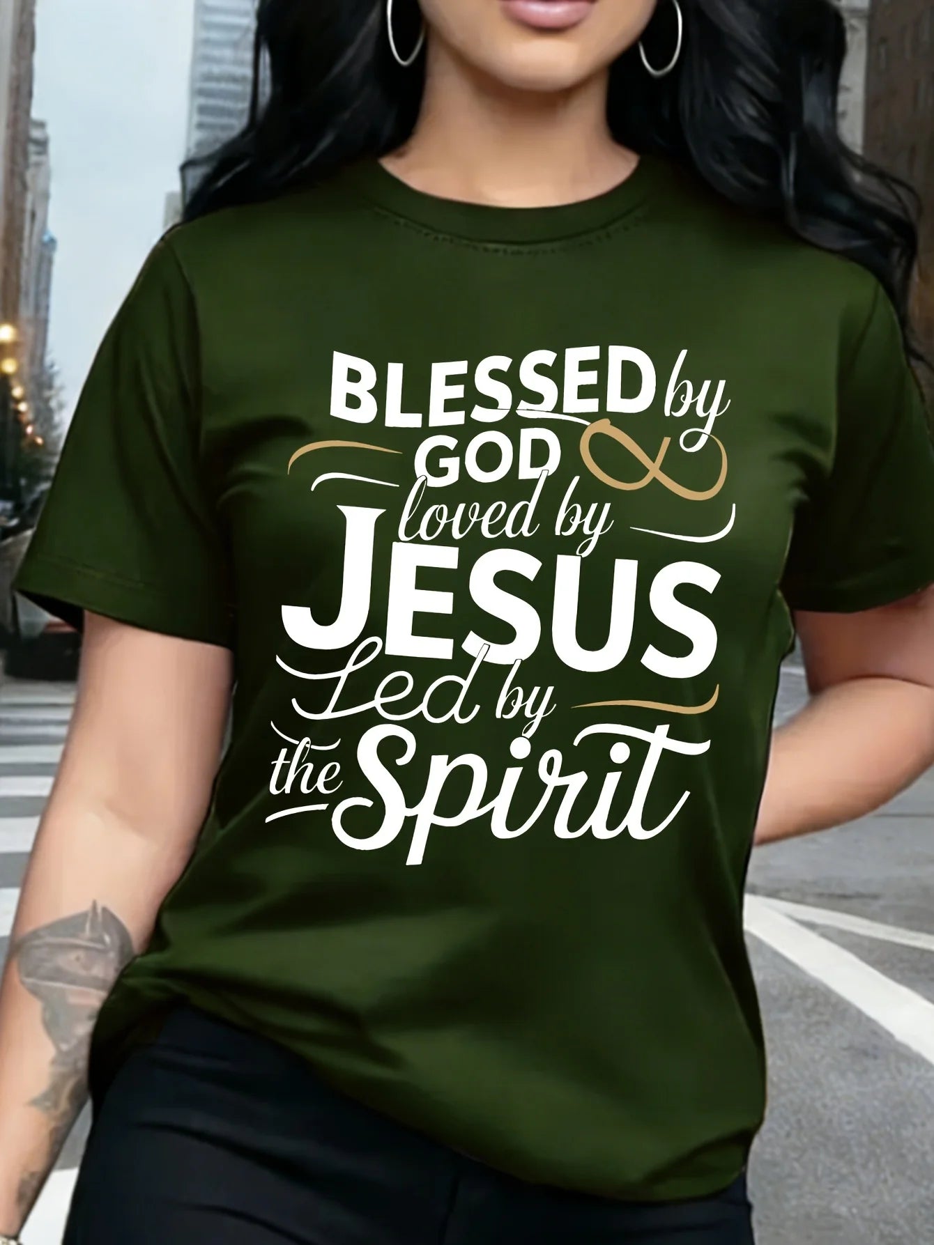 Blessed By God Loved By Jesus Women's Tee - Christian Faith Green Top