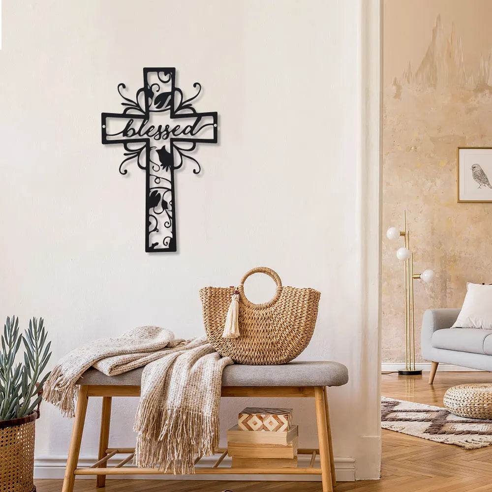 Blessed Metal Cross Wall Art - Home Decor, Love Theme, Ideal for Home, Office, Kitchen - Outdoor Wall Decor for Valentine'S Day