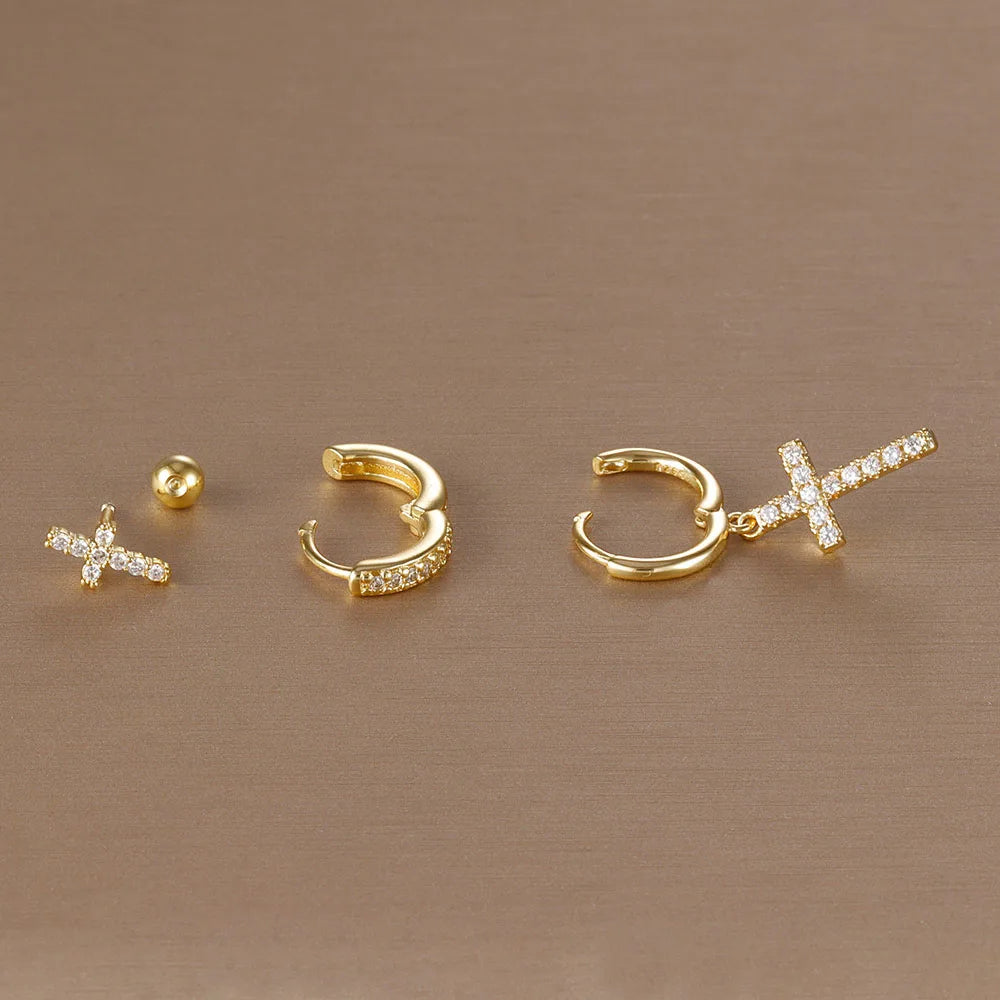3PCS Zircon Cross Hoop Earrings Set For Women Girls 2025 Trendy Stainless Steel Cross Earring Wedding Aesthetic Jewelry aretes