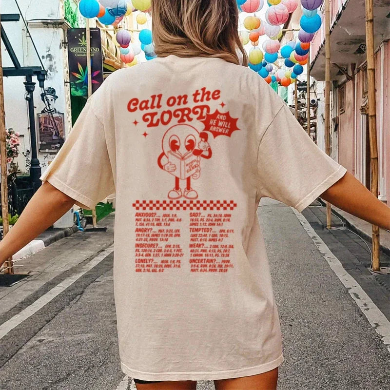 Women Back Print Funny Christian T-Shirts Retro Bible Verse T Shirt Oversized Streetwear Graphic Tees Unisex Jesus Faith Tops