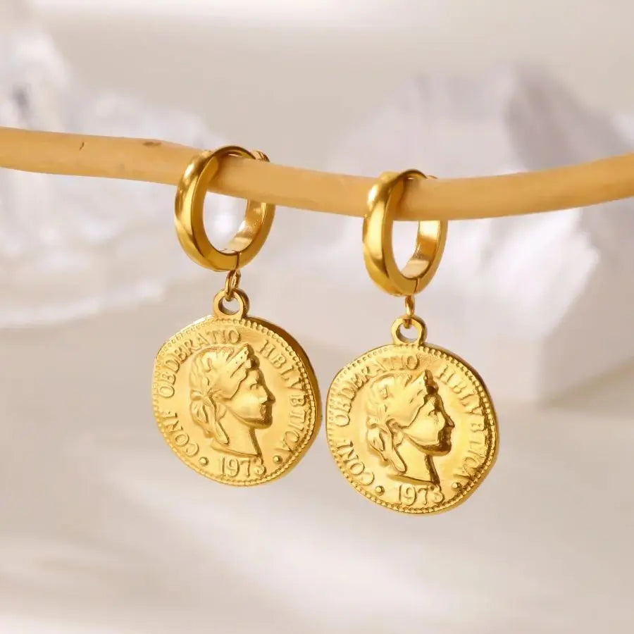 18K Gold Plated Portrait Coin Earrings for Women Men Stainless Steel Jesus Cross Dangle Huggie Earrings Waterproof Jewelry