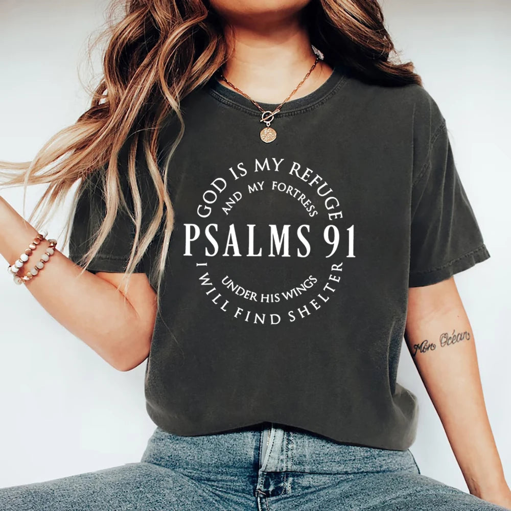 God Is My Refuge Psalms 91 Christian Shirt Christ Jesus Shirts Women's T-shirts Short Sleeve Religious Tshirt Jesus Love Tees