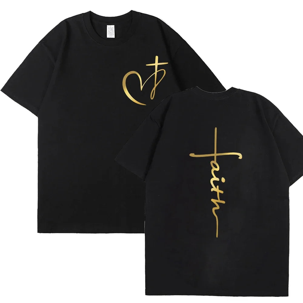 New Women's Heart Cross T-shirt Fashion Faith Jesus Print Female Short Sleeve Shirts Summer Harajuku Short Sleeve Casual
