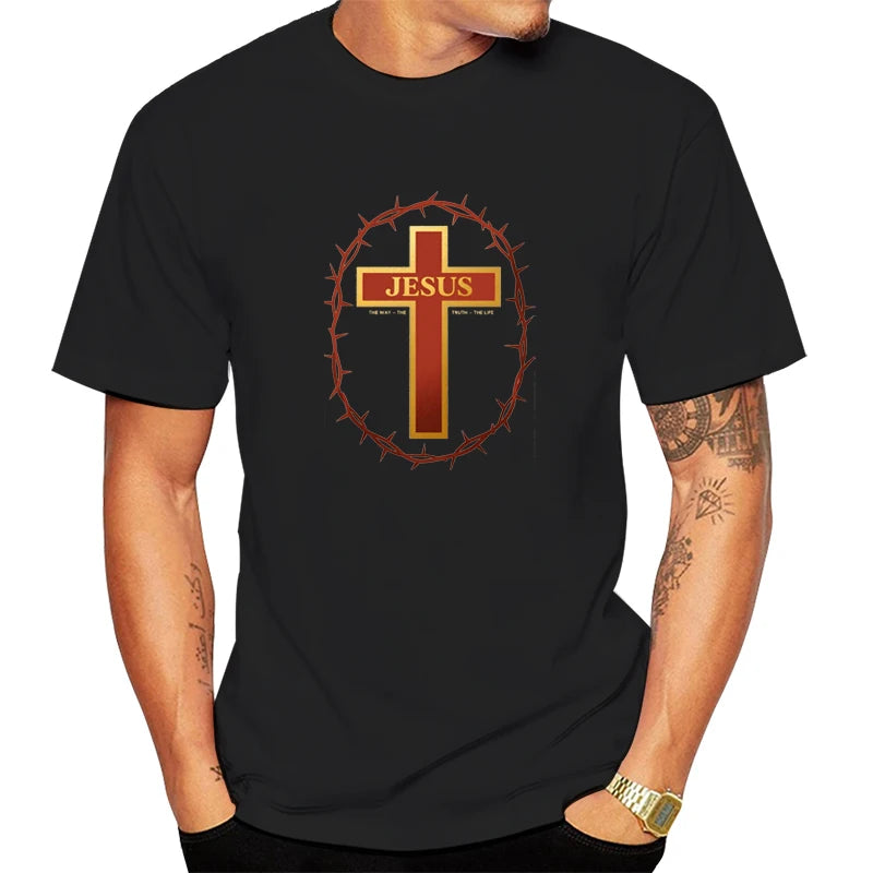 Funny Jesus Cross Print Men's Athletic Fit Short Sleeve T-Shirt, Cotton Crew Neck Top for Active Lifestyles, Gym to Casual Wear