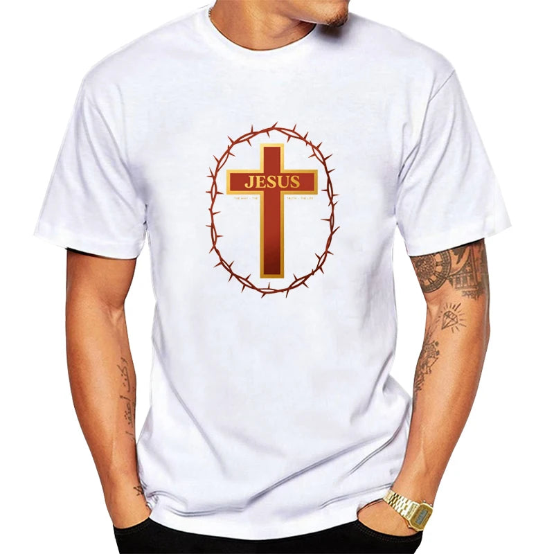 Funny Jesus Cross Print Men's Athletic Fit Short Sleeve T-Shirt, Cotton Crew Neck Top for Active Lifestyles, Gym to Casual Wear