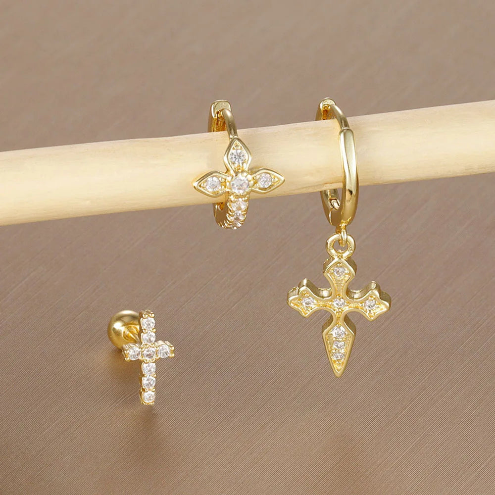 3PCS Zircon Cross Hoop Earrings Set For Women Girls 2025 Trendy Stainless Steel Cross Earring Wedding Aesthetic Jewelry aretes